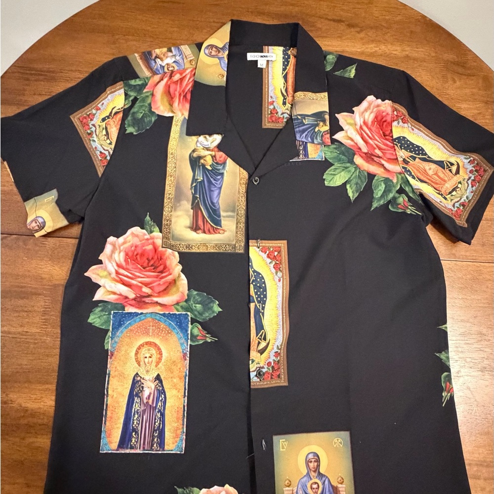 Fashion Nova Men Black Shirt with Multicolor Religious Print